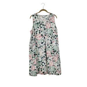 J Jill Love Linen Invert Pleat Sleeveless Swing Dress Green Floral Womens Size L